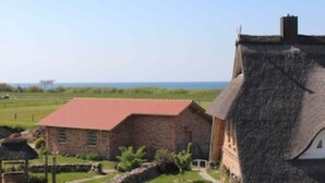 A rural house with a thatched roof and a red-tiled roof, surrounded by a green landscape and a view of the sea.