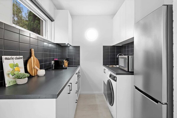 Fridge, microwave, oven, stovetop