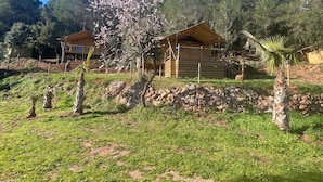 A rustic wooden cabin with a thatched roof, surrounded by a stone wall and lush greenery. - Glamping VALL de CODÓ (Terrades)