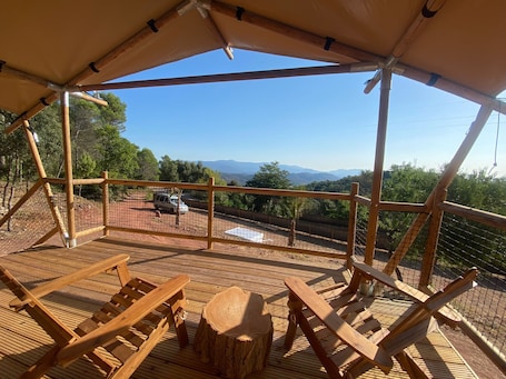 Junior Tent, 1 Queen Bed, Private Bathroom, Mountain View | Terrace/patio. Glamping VALL de CODÓ