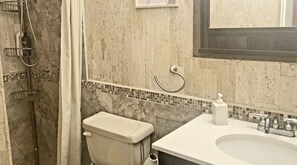 Hair dryer, towels, soap, shampoo