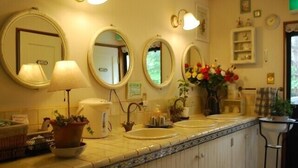 A bathroom with three round mirrors, a sink, a towel rack, and a potted plant.