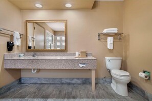 Casa de banho com lavatório, espelho, porta-toalhas, sanita e dispensador de papel.