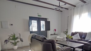 Una sala de estar moderna con un sofá, una mesa de centro y dos plantas en macetas.