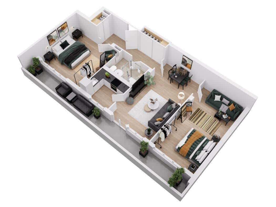 En 3D-ritning av planlösningen för en modern lägenhet med vardagsrum, matplats, kök och ett separat sovrum.