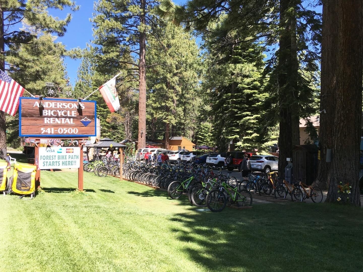 A bicycle rental sign with contact information, a Forest Bike Path starting point, and a parking area with bicycles.