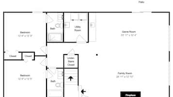 A floor plan with a patio, game room, family room, two bedrooms, two bathrooms, and a fireplace.