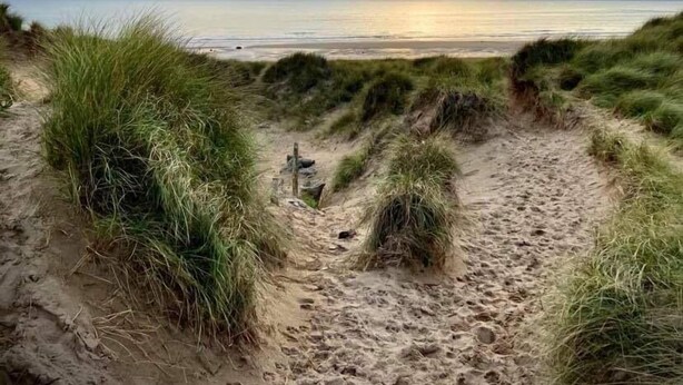 En strandpromenad med sanddyner och utsikt  över havet under en molnig himmel.