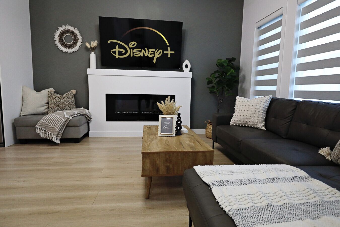 Una Smart TV, una chimenea, libros, una oficina