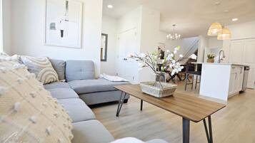 Smart TV, fireplace, books, offices