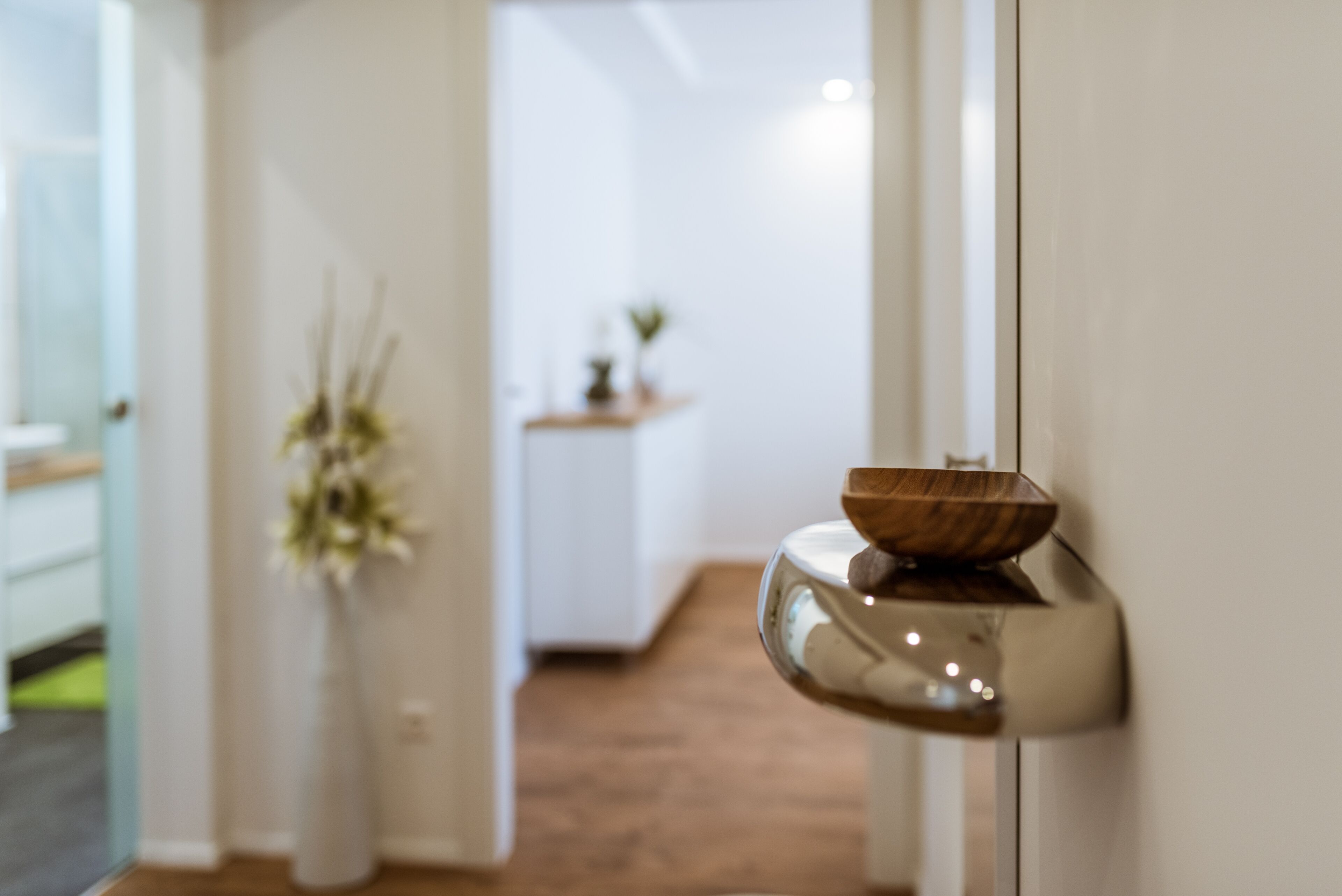 Ein modernes Interieur mit einer Holzwasserwaage auf einem Wandregal, einem Blumentopf und einem Blick in einen Raum mit einem weißen Schrank und einem kleinen Tisch.