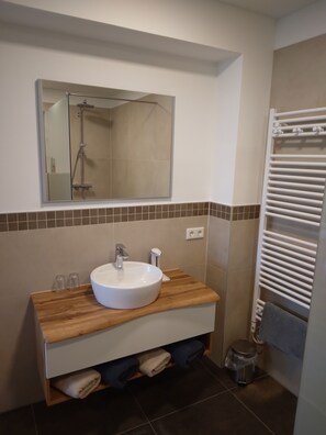 Shower, hair dryer, towels, toilet paper