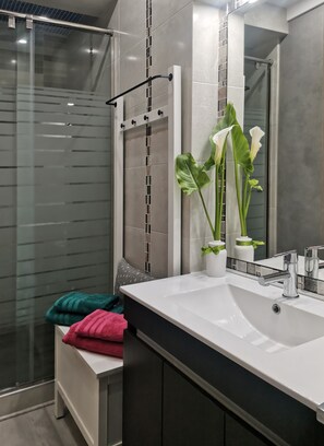 Douche, séchoir à cheveux, bidet, serviettes fournies