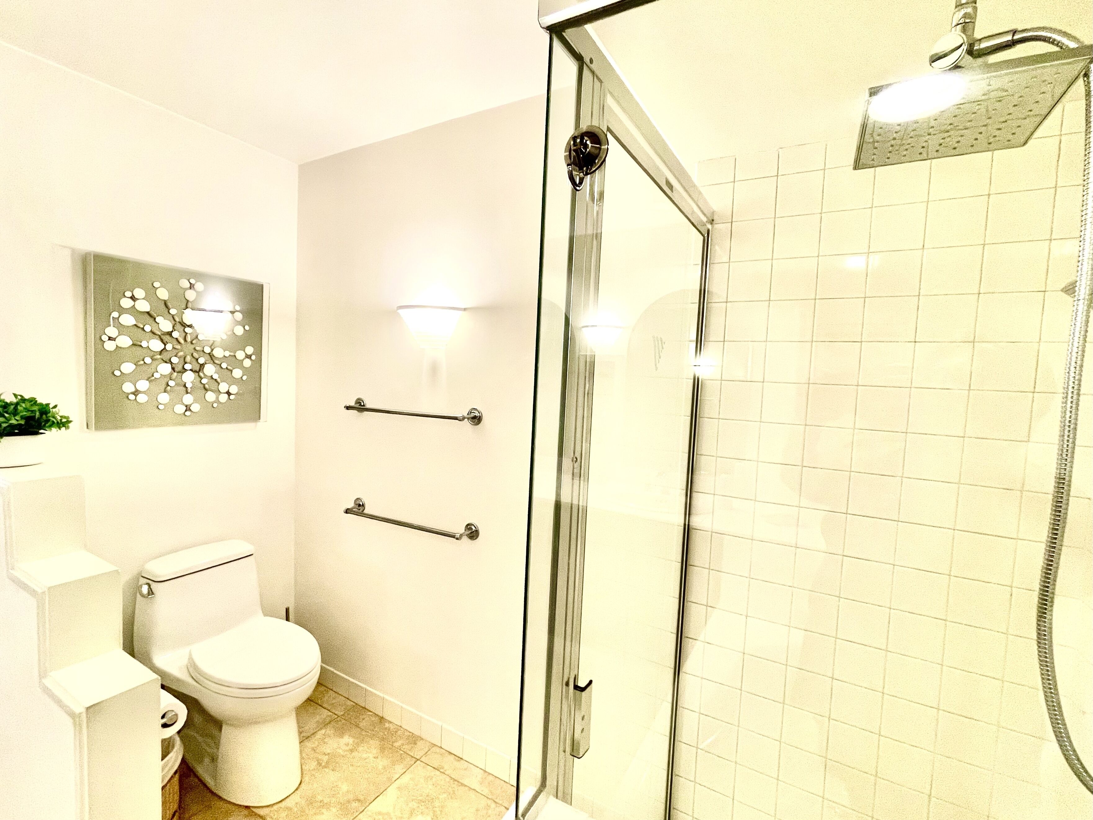 Shower, hair dryer, towels, soap