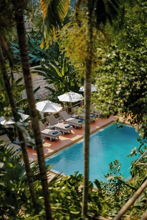 Un espace piscine agrémenté de chaises longues et de parasols, entouré d’une végétation luxuriante.