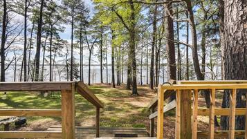 A wooden deck leading to a forested area with a lake in the background.