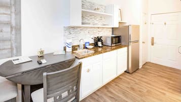 Fridge, microwave, coffee/tea maker, toaster