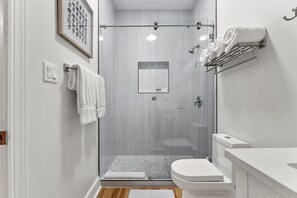 Shower, hair dryer, towels