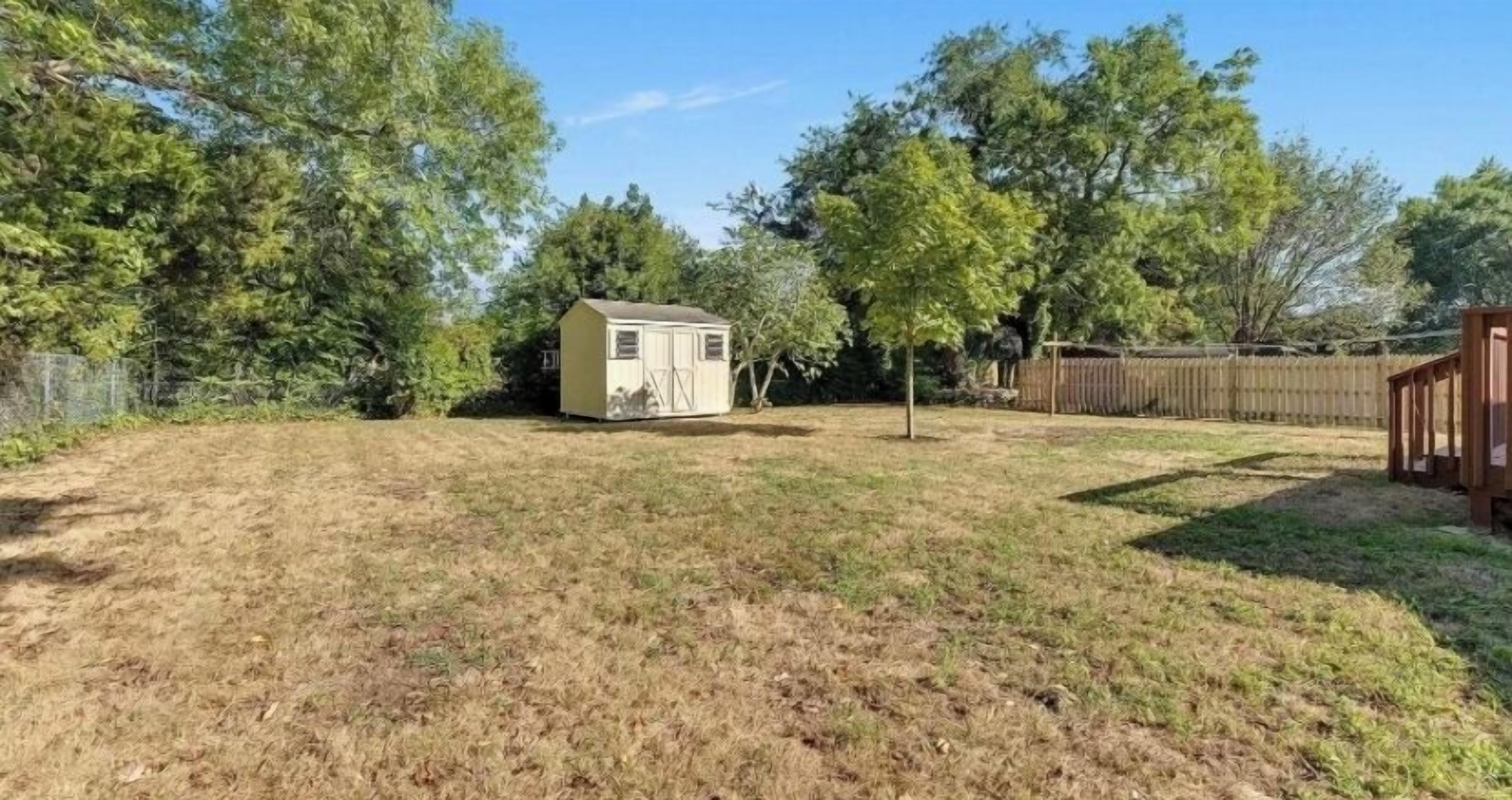 A backyard with a small shed, a tree, and a wooden fence.