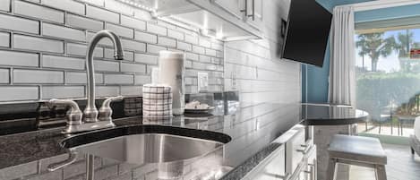 Fridge, microwave, coffee/tea maker, toaster