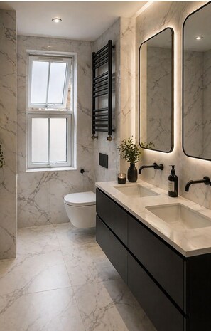 Hair dryer, towels, soap, shampoo