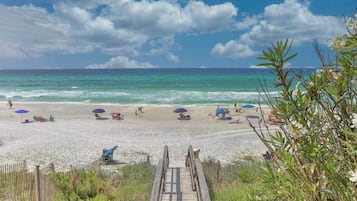 A beach with a wooden walkway leading to the shore, umbrellas, and people relaxing.