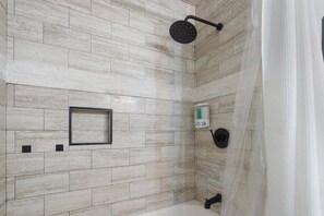 Hair dryer, towels, soap, shampoo