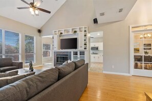 Smart TV, fireplace, foosball