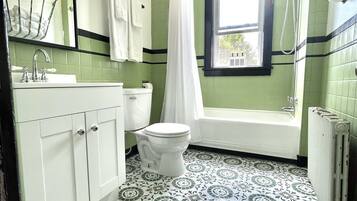 Hair dryer, towels, soap, shampoo