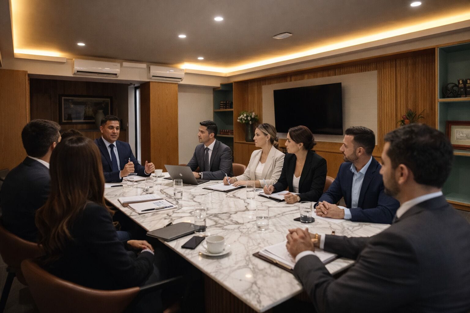 Una sala de conferencias con una mesa de mármol, sillas y una televisión en la pared.