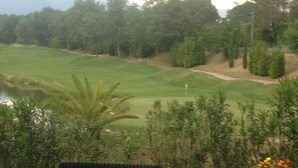 A dining table set outdoors with a view of a golf course.