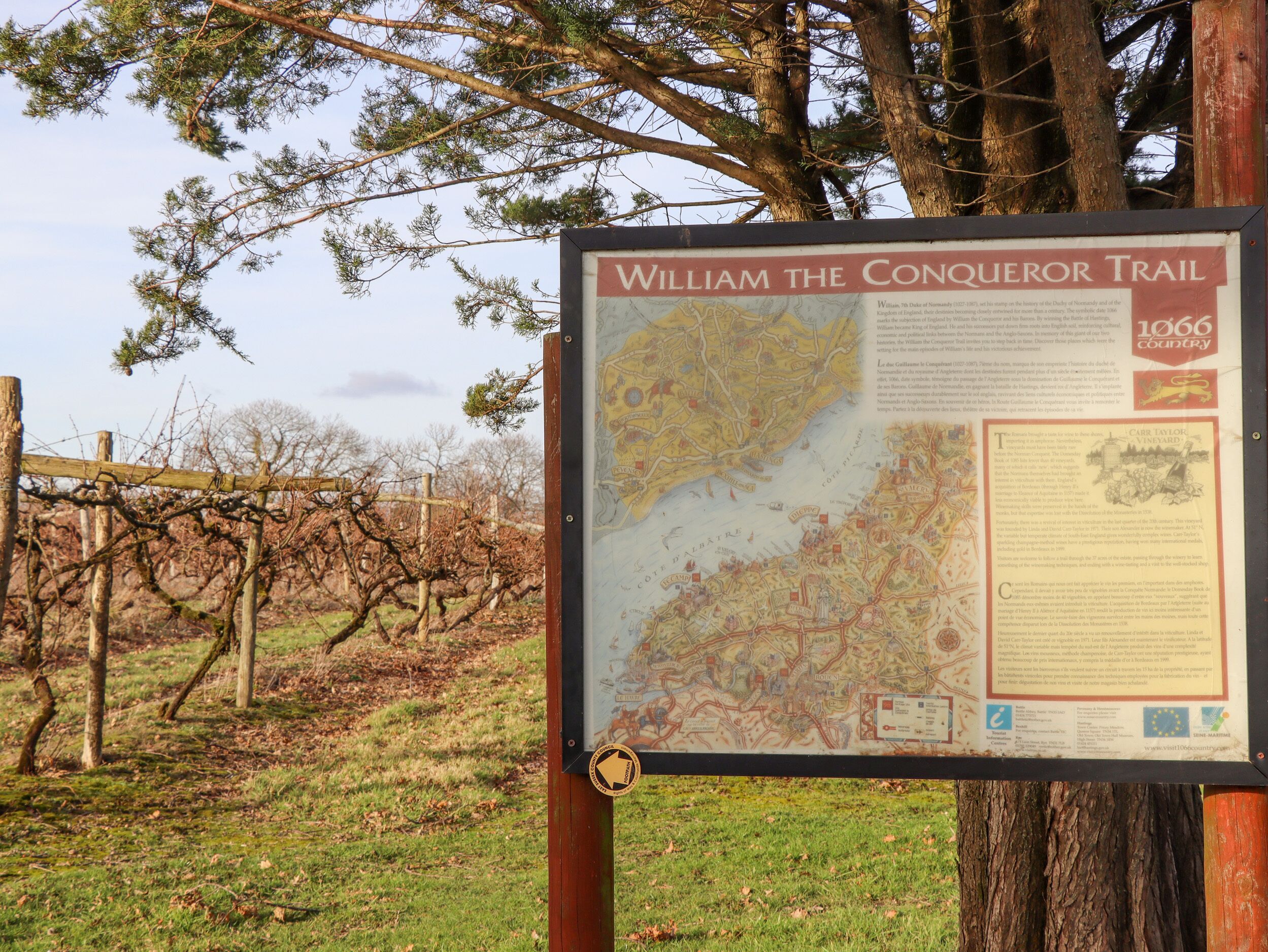 A historical marker titled "William the Conqueror Trail" with a detailed map and information about the trail's history.