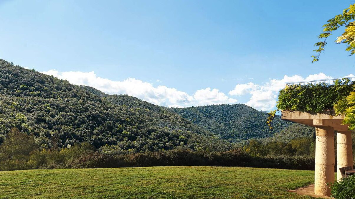 Un paisaje rural con un campo cubierto de hierba, una construcción de piedra y una colina con vegetación densa.
