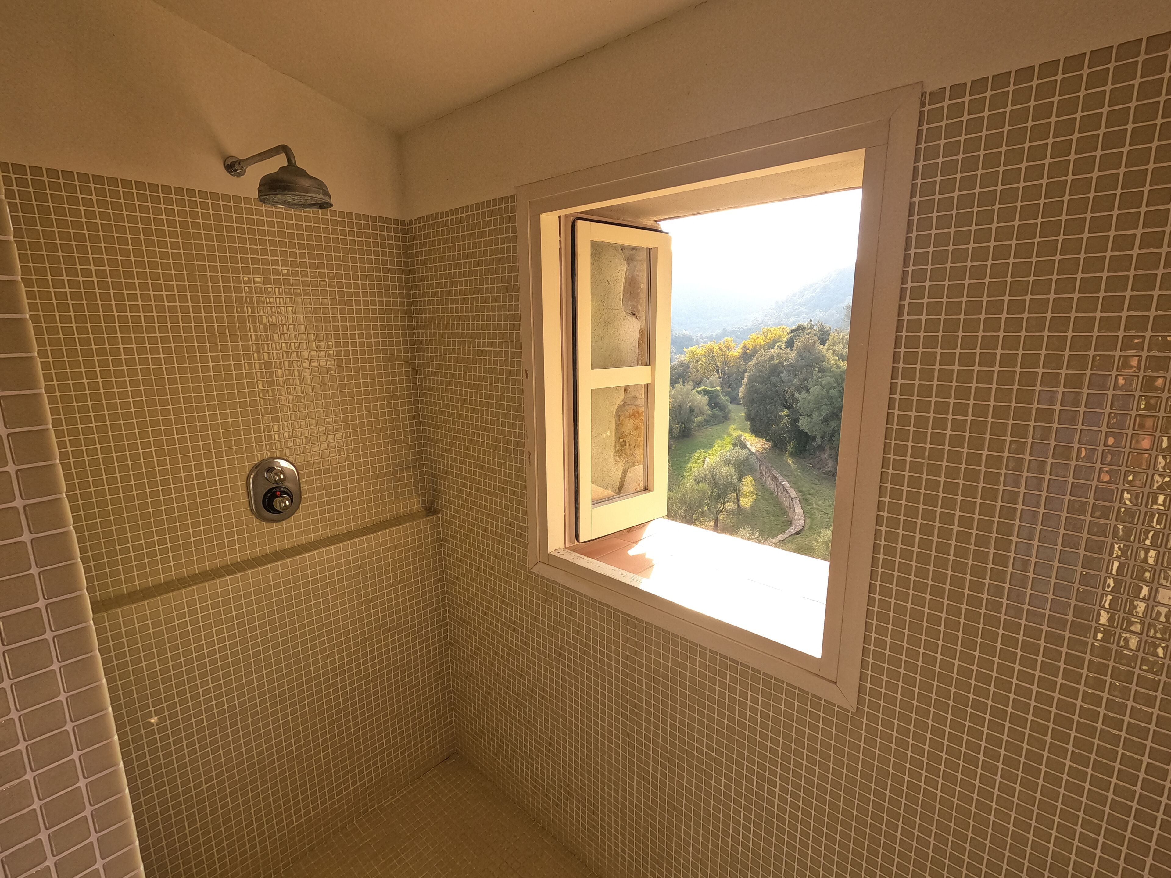 A bathroom with mosaic tile walls, a shower, and a window with a view of a forested landscape.