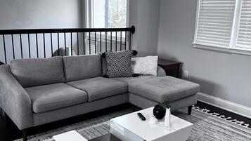 Smart TV, fireplace, books, music library