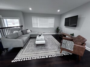 Smart TV, fireplace, books, music library