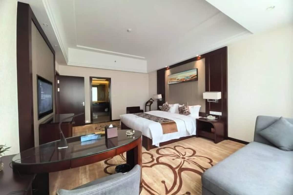 A hotel room with a bed, a desk with a chair, a TV, a mirror, and a sofa.