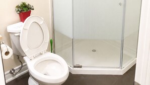 Ein Badezimmer mit Duschkabine, Toilette und einer kleinen Topfpflanze.
