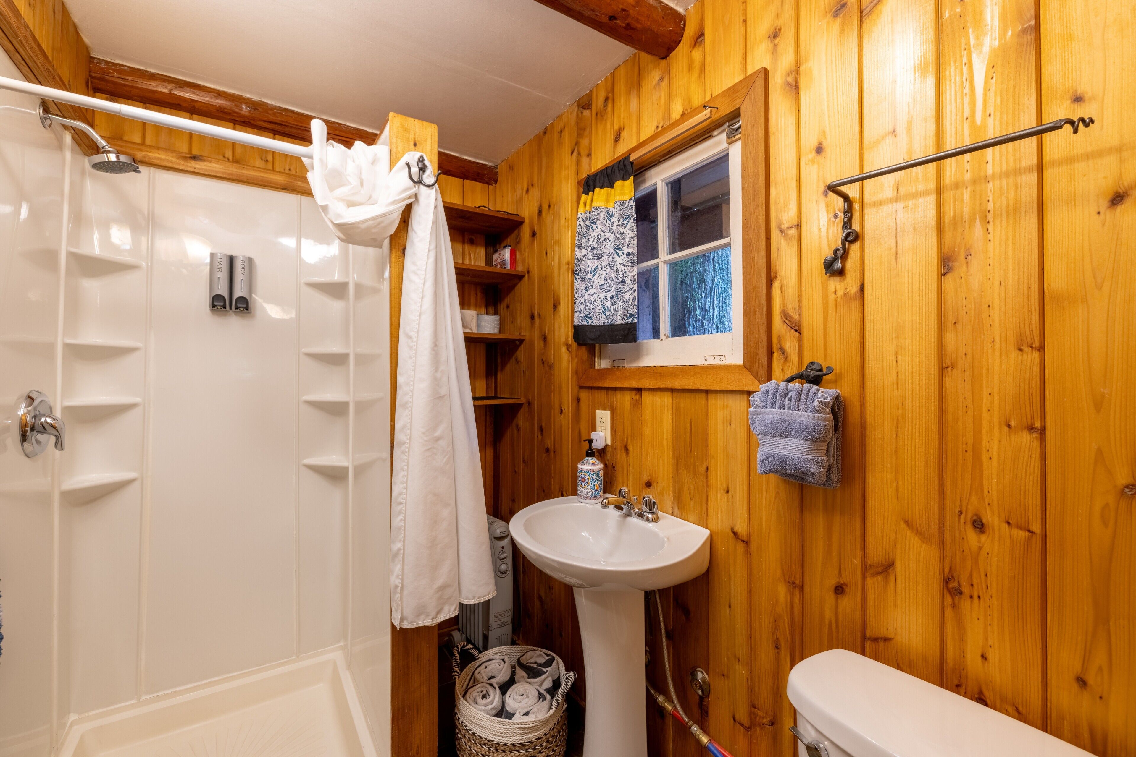 Shower, hair dryer, towels