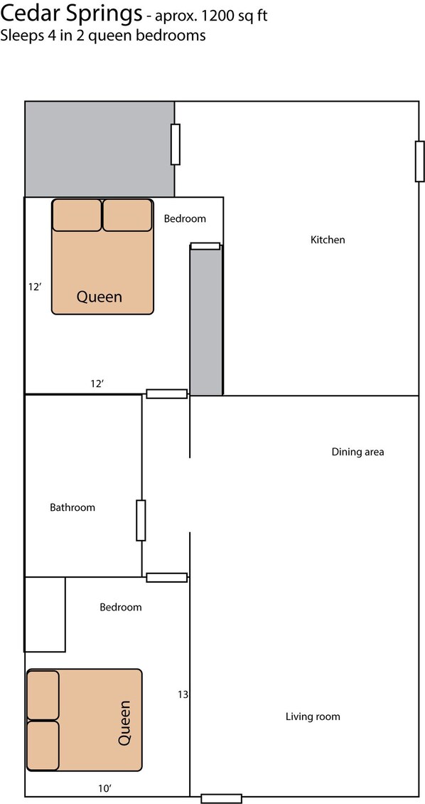 Plano de planta de Cedar Springs, aproximadamente 111 metros cuadrados, con 4 personas en 2 habitaciones con camas tamaño queen, una cocina, comedor, baño y sala de estar.