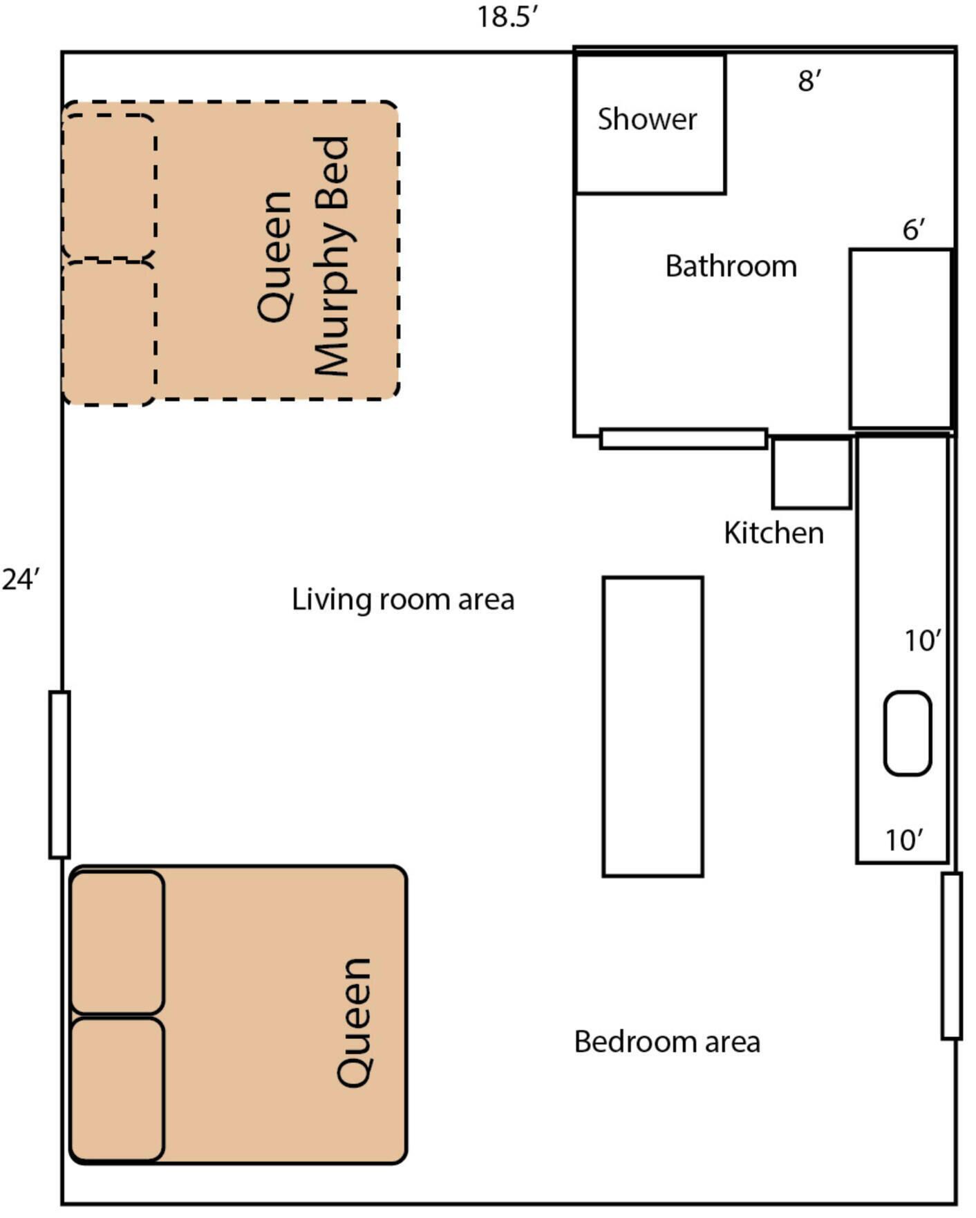 A floor plan with a living room area, a bedroom area, a bathroom, and a kitchen.
