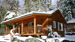 Uma cabana de madeira com varanda, cercada por árvores cobertas de neve.