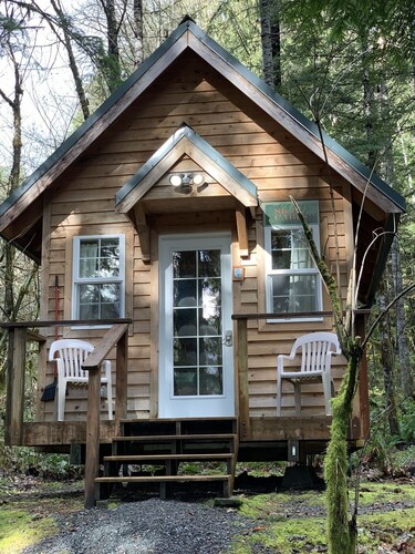 Experience a custom built tiny home cabin near Mt Rainier National Park.  It sleeps up to three! Firepit, access to shared hot tub, walking distance to Copper Creek Restaurant