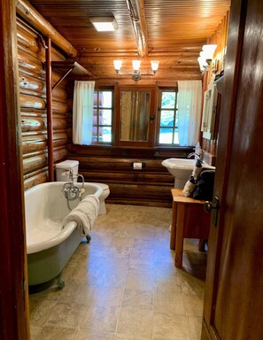 Shower, jetted bath, hair dryer, towels