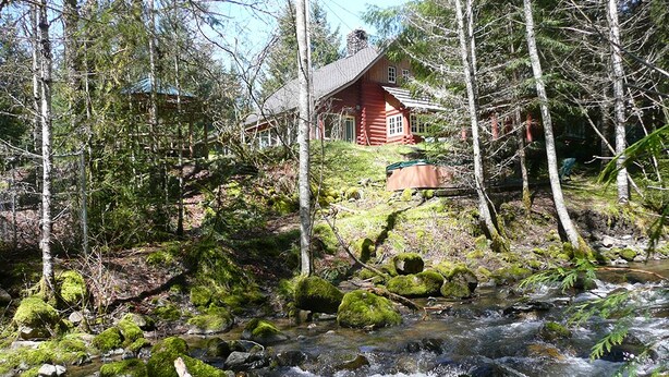 A cabin surrounded by a forest with a stream in the foreground.