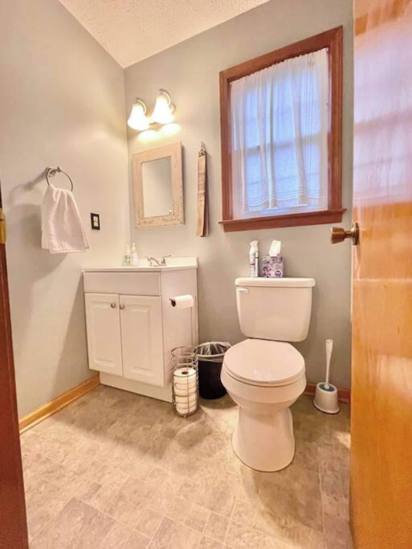 Une salle de bain avec des toilettes, un lavabo et un miroir.