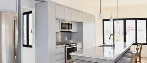 Fridge, microwave, oven, dishwasher