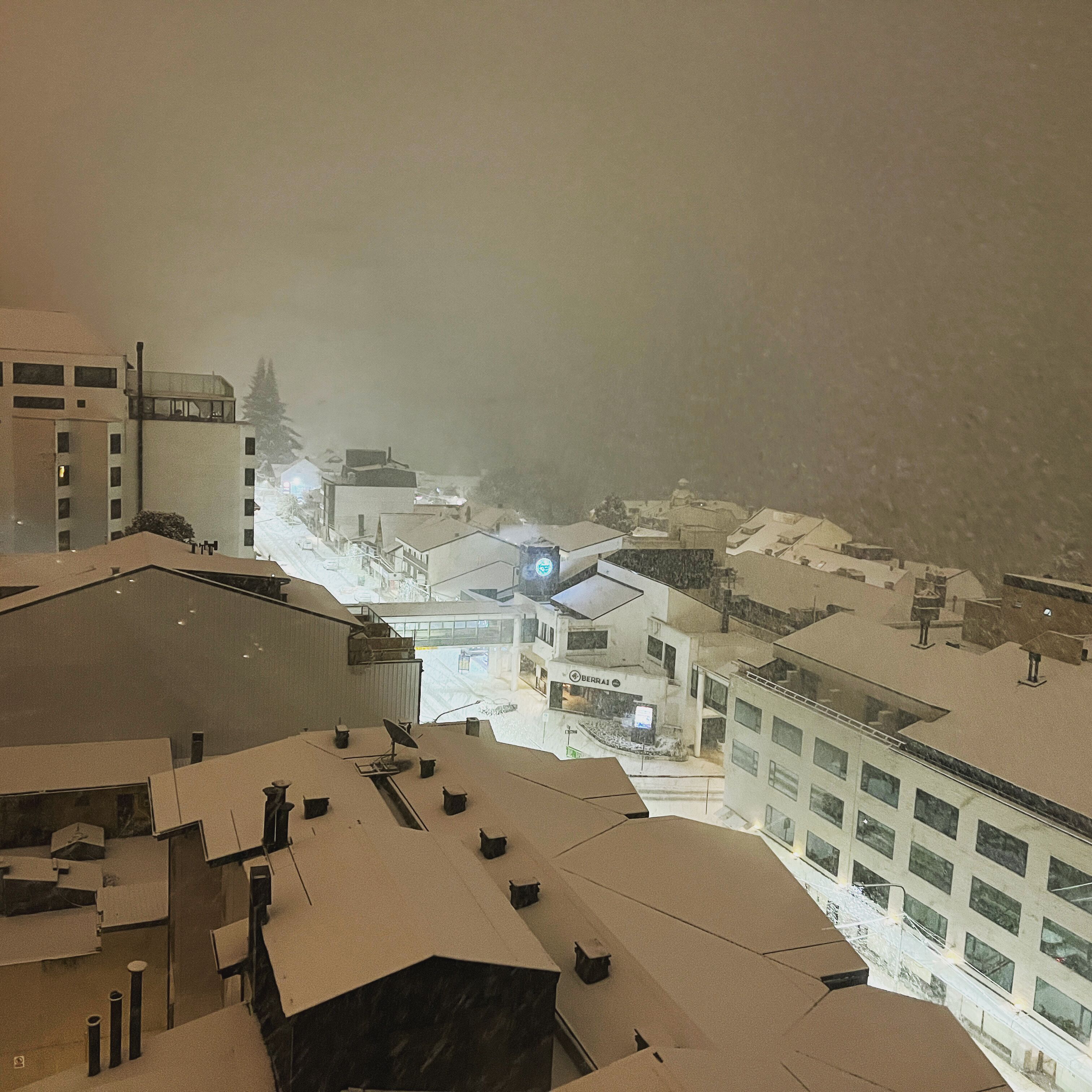 Een besneeud stadslandschap met gebouwen en daken.