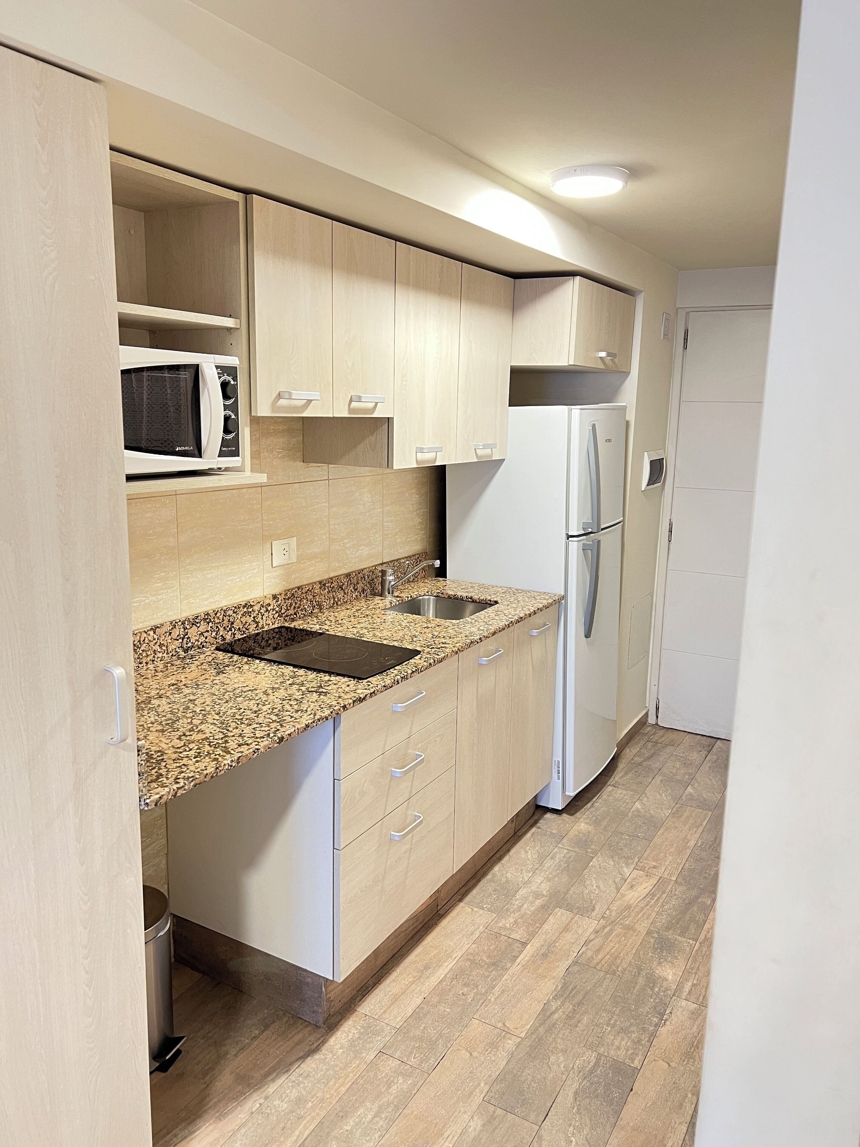 Eine kleine Küche mit Mikrowelle, Spüle und Kühlschrank.