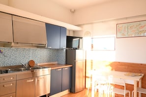 Fridge, dining tables